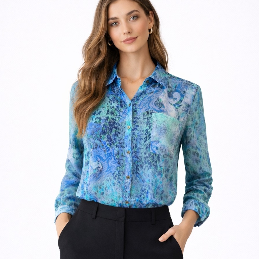 Hilton Hollis Silk Blue Watercolor Top